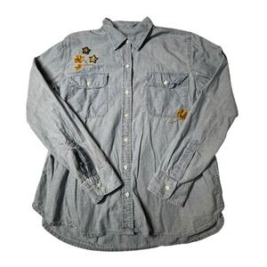 Lauren Ralph Lauren Shirt XL Chambray Applique‎ Embroidered Leaves Stars
